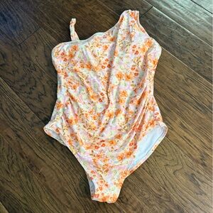 Kona Sol Orange Floral One-Shoulder One-Piece Swimsuit